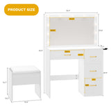DWVO Makeup Vanity Desk with LED Mirror & 3 Brightness Levels, Makeup Table with 4 Drawers, Power Outlets, Hairdryer Holder & Cushion Stool for Dressing Room DWVO