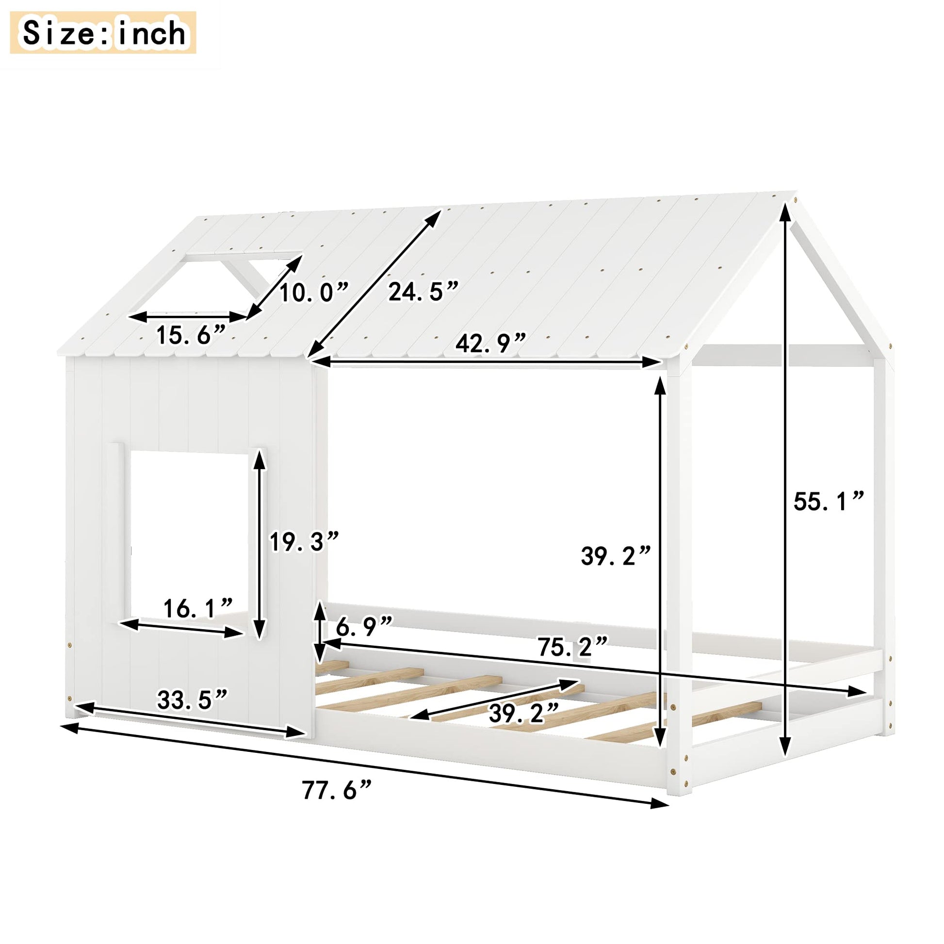 Montessori Twin Size Floor Bed Frame with House Design, Slats, Fence, Roof & Window in White - WoodArtSupply