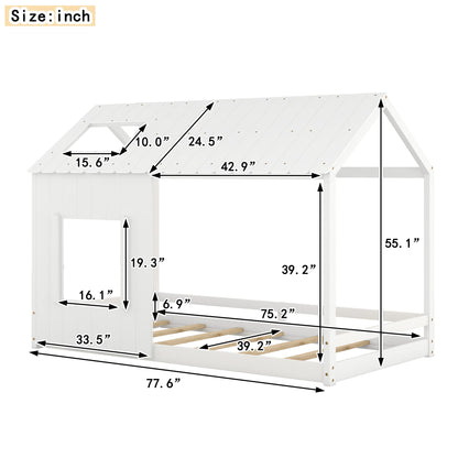 Montessori Twin Size Floor Bed Frame with House Design, Slats, Fence, Roof & Window in White - WoodArtSupply