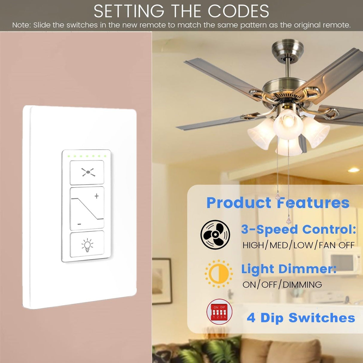 53T Universal Ceiling Fan Wall Remote Control and Receiver Kit, 3 Speed, Light Dimmer,Dip Switch Control Compatible with Hampton Bay Harbor Breeze Hunter(Wall Control Kit) 53T