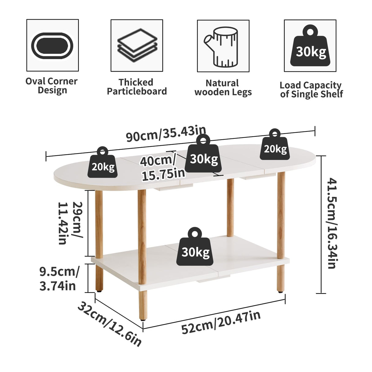Aibiju Oval Coffee Table White, Small Wooden Coffee Table for Small Space, Splicing Design 35 * 16 * 17in, 2 Tier Center Table for Living Room White YD-011W Aibiju