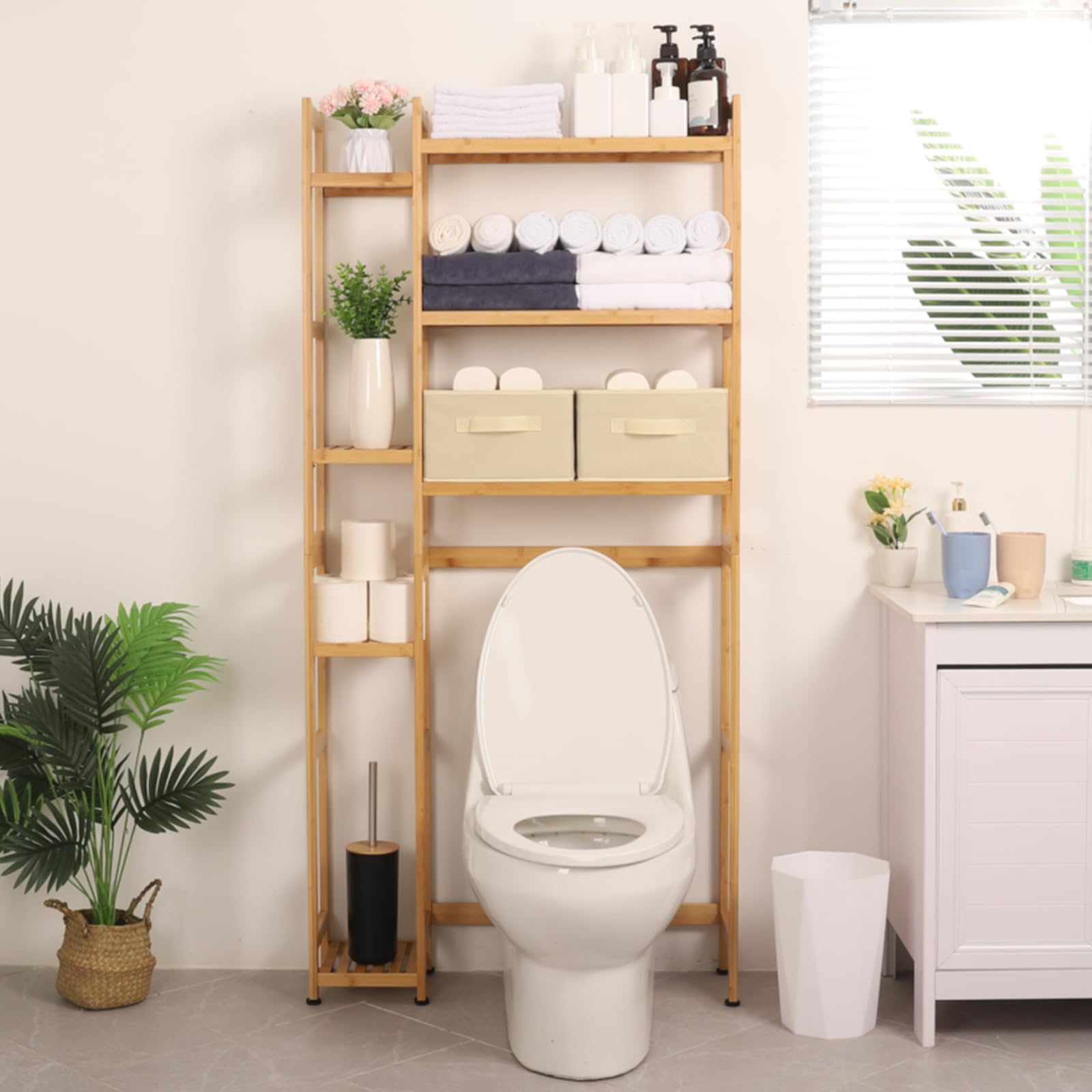 Homde Bamboo Over The Toilet Storage Rack with Adjustable Shelves and Baskets - WoodArtSupply