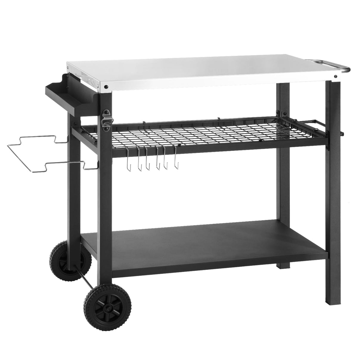 DNKMOR Dining Cart Table with Three Shelf, Movable Outdoor BBQ Grill Table Pizza Oven Stand with Three Hooks, Kitchen Cart Island Multifunctional Food Prep Table for Inside and Outside (Sliver) DNKMOR