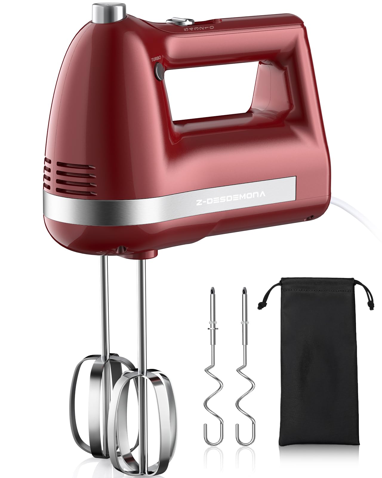 Z-DESDEMONA Electric Hand Mixer, Powerful 300W Hand Mixer Electric Handheld with 304 Beaters, Dough Hook, Hand Held Mixer with Turbo for Baking Cakes, Eggs, Cream Food(Red)