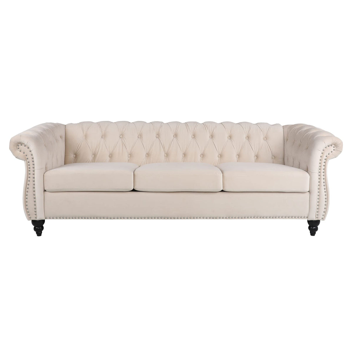 PHOYAL Large Velvet Sofa Three-seat Sofa Classic Tufted Chesterfield Settee Sofa Modern 3 Seater Couch Furniture Tufted Back for Living Room (Beige) PHOYAL