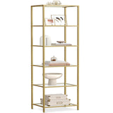 VASAGLE Bookcase, 6-Tier Bookshelf, Slim Shelving Unit for Bedroom, Bathroom, Home Office, Tempered Glass, Steel Frame, Metallic Gold ULGT500A01 VASAGLE