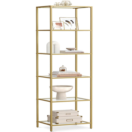 VASAGLE Bookcase, 6-Tier Bookshelf, Slim Shelving Unit for Bedroom, Bathroom, Home Office, Tempered Glass, Steel Frame, Metallic Gold ULGT500A01 VASAGLE