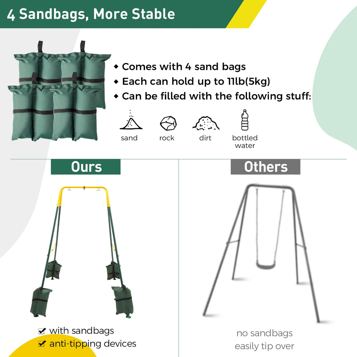FUNLIO Foldable Swing Stand for Kids with 4 Sandbags, Heavy Duty Metal A-Frame Indoor/Outdoor for Backyard, Suitable Most Toddler/Baby Jumper/Hammock Chair - Green FUNLIO