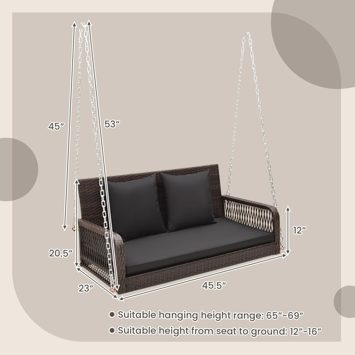 Tangkula Wicker Outdoor Porch Swing, 800 LBS Capacity Outdoor Swing Bench with Hanging Chains, Back and Seat Cushions, 2-Seater Hanging Patio Bench for Deck, Garden, Yard (Black) Tangkula