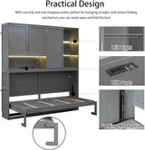 Twin Horizontal Murphy Bed with Storage Cabinet, LED Light and Charging Station,Wood Folding Murphy Wall Bed Cabinet with Bookcase and Shelves for Adult (Grey) MERITLINE