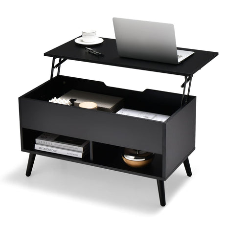 Giantex Lift Top Coffee Table, Modern Cocktail Table w/Hidden Compartment & 2 Open Shelves, Flip Top Center Table, Wooden Pull up Coffee Table for Living Room, Reception Room, Office (Black) Giantex