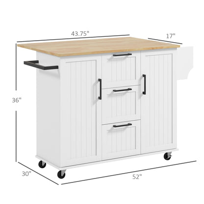 HOMCOM Kitchen Island with Storage, Rolling Kitchen Cart on Wheels with Drop Leaf Top, 3 Drawers, 2 Cabinets, 2 Adjustable Shelves, Spice Rack and Towel Rack, White