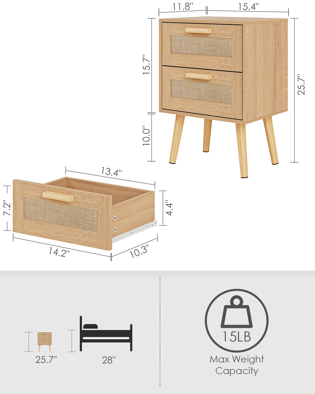 Masupu Rattan Night Stand,Modern nightstand Boho Bedside Table with 2 Drawer,Small End Side Table for Bedroom,Living Room,Office,Natural Masupu