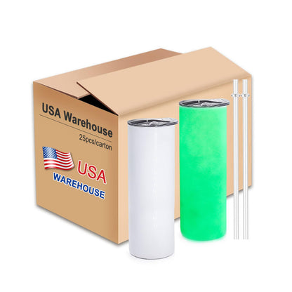 ZREGGUR Sublimation Blank Tumblers bulk 20 oz glow in dark Luminous green， 25Pack Stainless Steel Double Wall Insulated Straight Cups White with Lid and straw, Individually Box,Heat Transfer