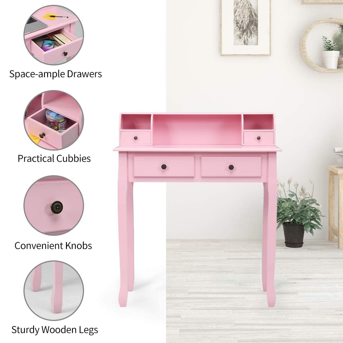 Giantex Writing Desk with 4 Drawers, Removable Floating Organizer 2-Tier Mission Home Computer Vanity Desk for Apartment Small Space (Pink) Giantex