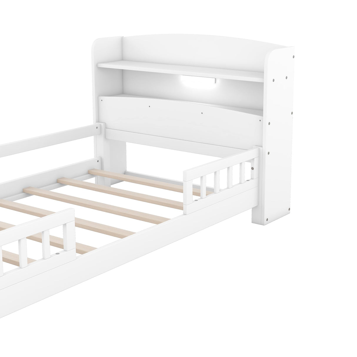 SOFTSEA Twin Size Antique White LED Platform Bed with Storage Headboard and Safety Guardrails SOFTSEA