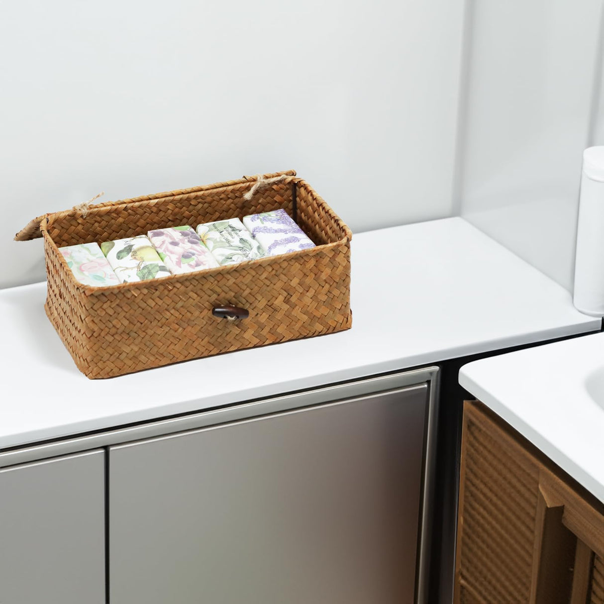 Set of 2 Wicker Basket with Lid, Seagrass Woven Basket for Storage, Decorative Storage Baskets Bins for Organizing Home ORDELITE