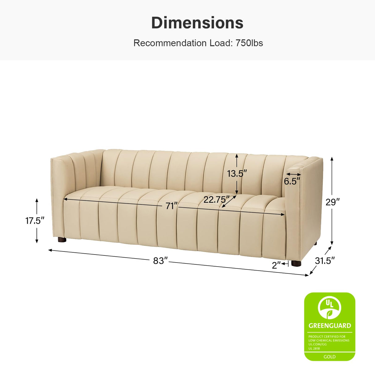 HULALA HOME 83" Genuine Leather Sofa, Sofa Leather for Living Room, 3 Seater Sofa Couch Top Layer Leather Large Sofa Furniture with Channel Tufted Seat Back & Square Arms (Beige) HULALA HOME