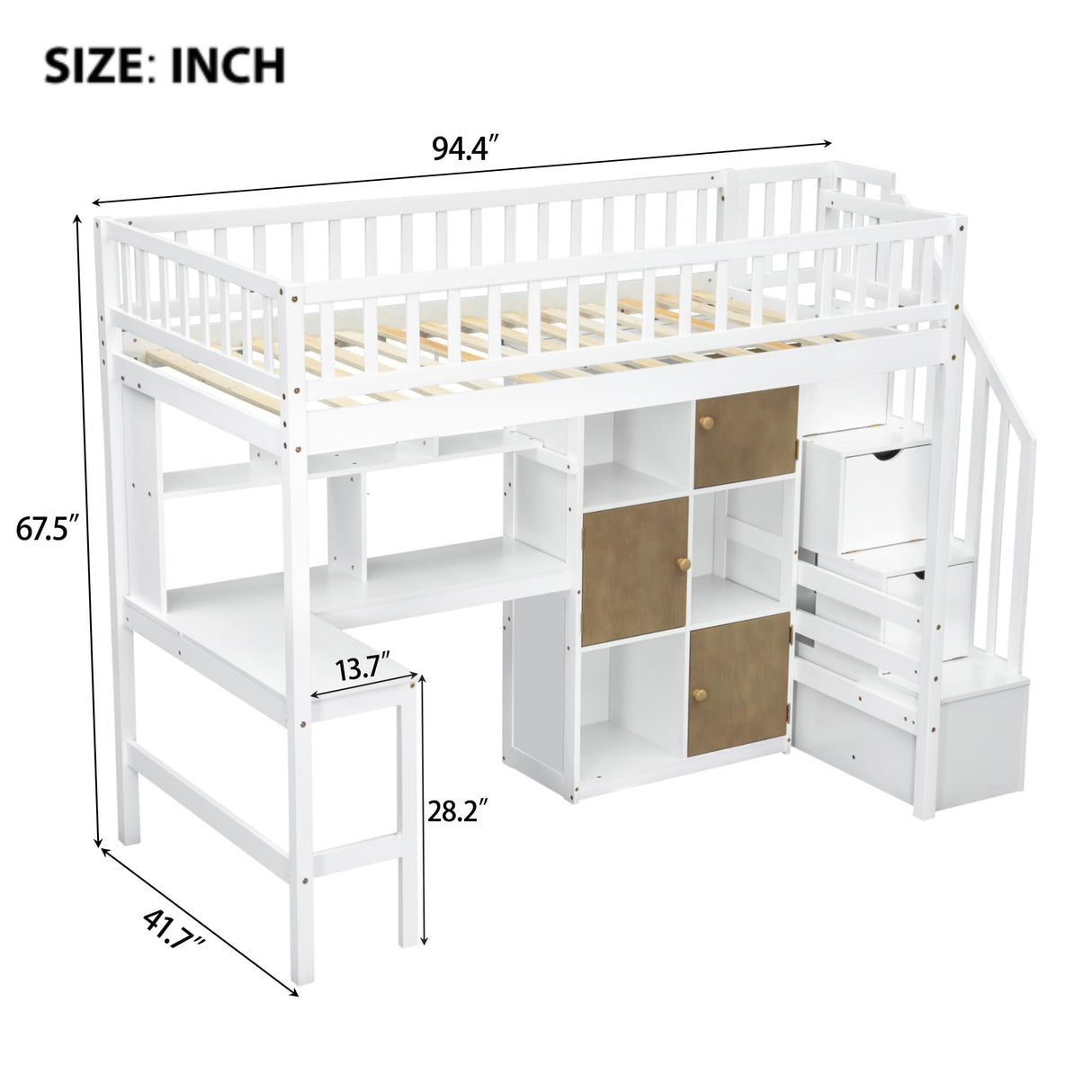 Ball & Cast Twin Size Solid Wood Loft Bed with Built-in L-Desk & Storage - Kids Bed Frame with LED Lights,Shelves & Safety Rails - Space-Saving Design,for Teens,No Box Spring Required,White Ball & Cast