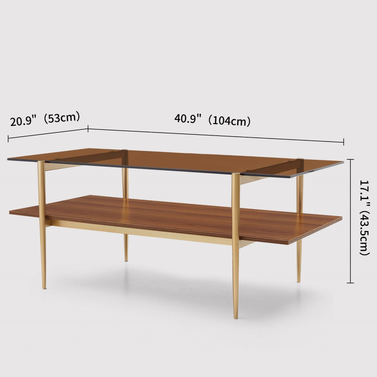 LumFurn Rectangle Coffee Table, Mid-Century Modern Design, L41 W21 x H17, for Living Room, 2-Tier Structure, Amber Glass Top and Walnut MDF Shelf, Sleek Conical Metal Legs with Gold Finish LumFurn