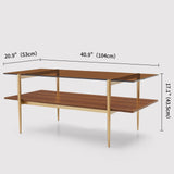 LumFurn Rectangle Coffee Table, Mid-Century Modern Design, L41 W21 x H17, for Living Room, 2-Tier Structure, Amber Glass Top and Walnut MDF Shelf, Sleek Conical Metal Legs with Gold Finish LumFurn
