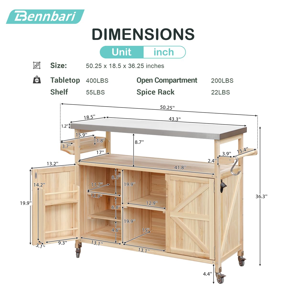 Bennbari Outdoor Kitchen Island, Rolling Kitchen Island with Storage, Farmhouse Solid Wood Kitchen Cart on Wheels, Outdoor Grill Table with Stainless Steel Top, 50 Inch Width (Natural)