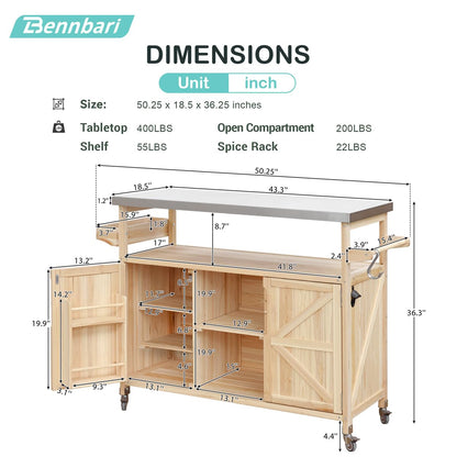 Bennbari Outdoor Kitchen Island, Rolling Kitchen Island with Storage, Farmhouse Solid Wood Kitchen Cart on Wheels, Outdoor Grill Table with Stainless Steel Top, 50 Inch Width (Natural)