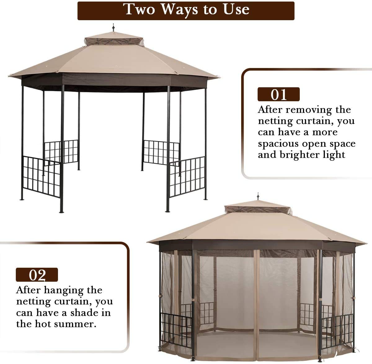 Moccha 10 x 12 Ft Heavy Duty Octagonal Canopy Tent Patio Gazebo with Netting Sidewalls and Sturdy Steel Frame, Double Roof Vented Gazebo Canopy Shelter for Party, BBQ, Backyard, Event, Family, Brown LDAILY