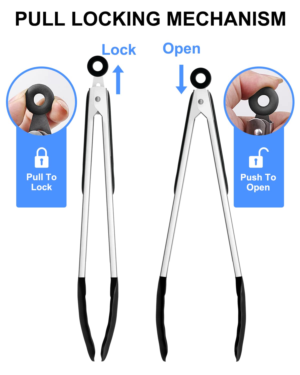Bnlcd Kitchen Tongs, Premium Stainless Steel Locking Cooking Tongs with Silicone Tips, Non-Slip Food Tongs for Cooking, Heavy Duty, Non-Stick, 480℉, Set of 3-7" 9" and 12" Black Bnlcd