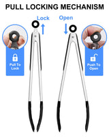 Bnlcd Kitchen Tongs, Premium Stainless Steel Locking Cooking Tongs with Silicone Tips, Non-Slip Food Tongs for Cooking, Heavy Duty, Non-Stick, 480℉, Set of 3-7" 9" and 12" Black Bnlcd