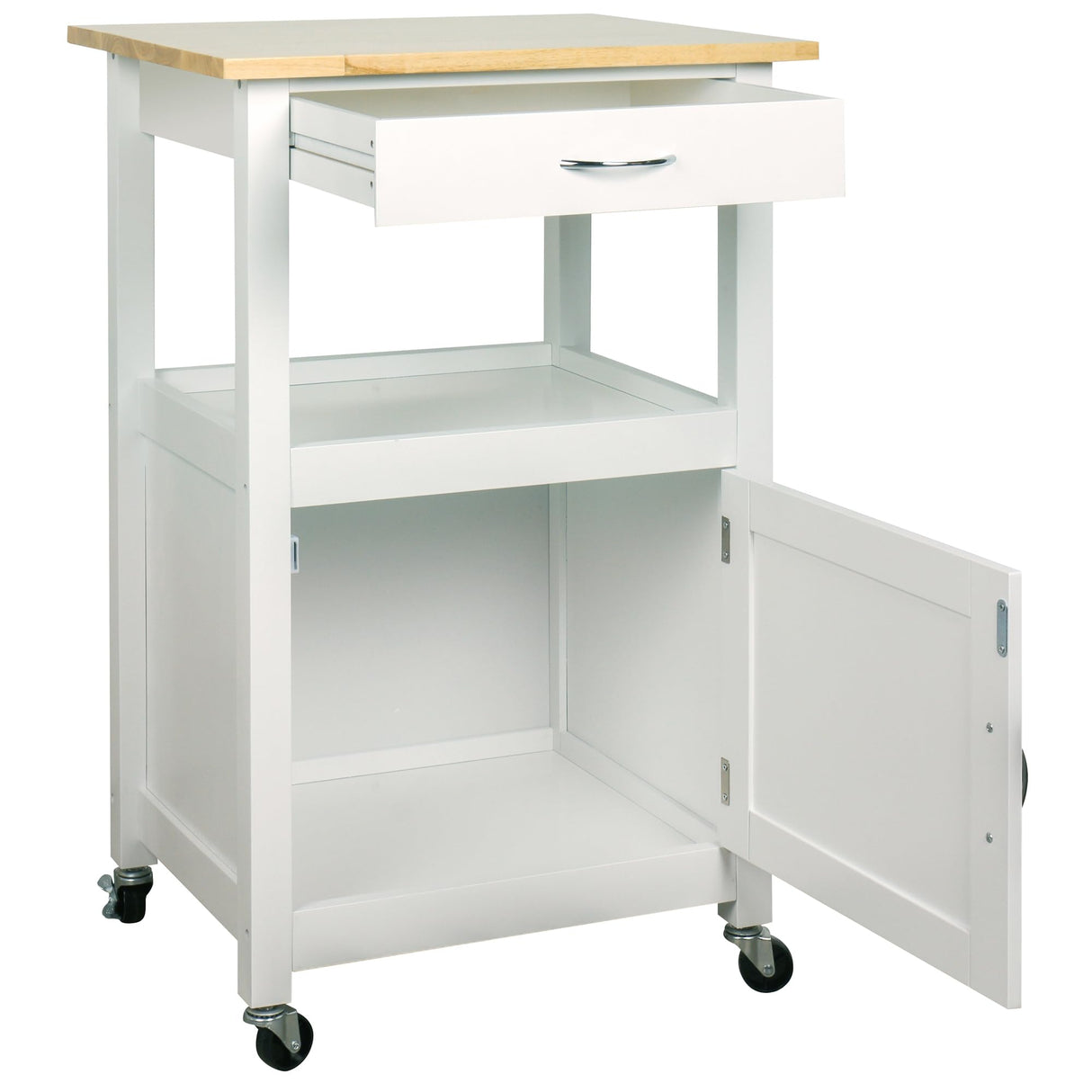 eHemco Kitchen Island Cart on Wheels with Drawer, Storage Cabinet, Shelf and Natural Solid Hardwood Top, White Base eHemco