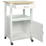 eHemco Kitchen Island Cart on Wheels with Drawer, Storage Cabinet, Shelf and Natural Solid Hardwood Top, White Base eHemco