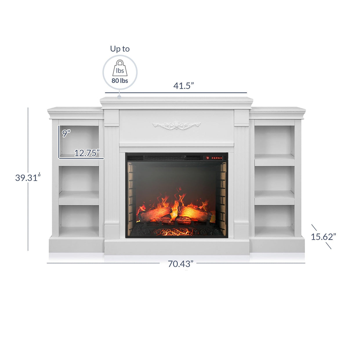 BELLEZE Modern 70" Electric Fireplace Heater Mantel TV Stand & Media Entertainment Center for TVs up to 68" with Energy-Efficient Heater With Sound and Side Book Shelves - Lenore (White) BELLEZE