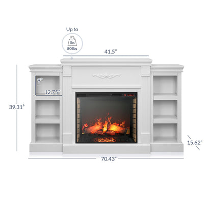 BELLEZE Modern 70" Electric Fireplace Heater Mantel TV Stand & Media Entertainment Center for TVs up to 68" with Energy-Efficient Heater With Sound and Side Book Shelves - Lenore (White)