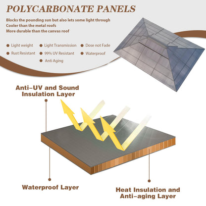 EROMMY 10' x 13' Gazebo Polycarbonate Double Roof Canopy Outdoor Aluminum Frame Pergola, Permanent Pavilion with Netting and Curtains for Garden Patio Lawns Parties - WoodArtSupply