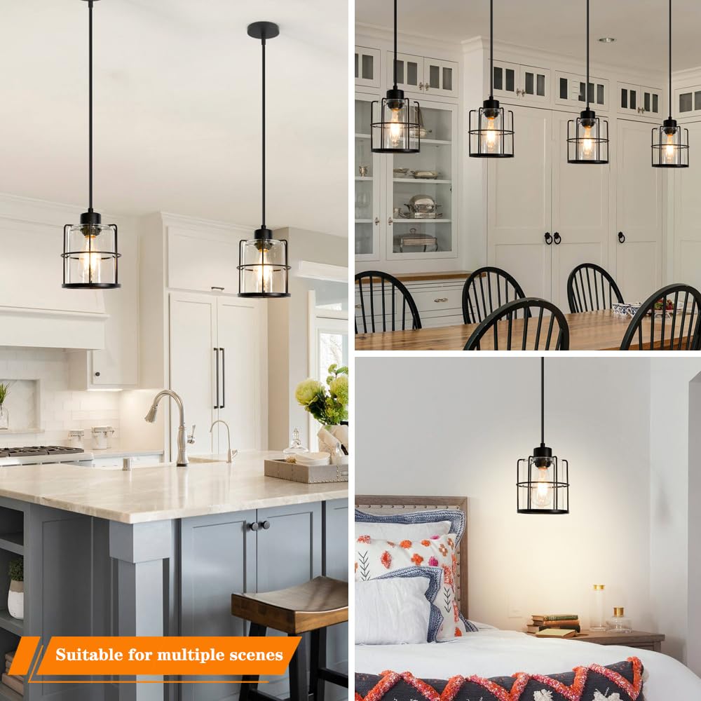 Farmhouse Pendant Lights Kitchen Island Set Of 2, Black Kitchen Island Lighting With Adjustable Rods, Industrial Cage Bathroom Pendant Lights With Clear Glass For Dining Room Hallway Sink DSMJFU DSMJFU