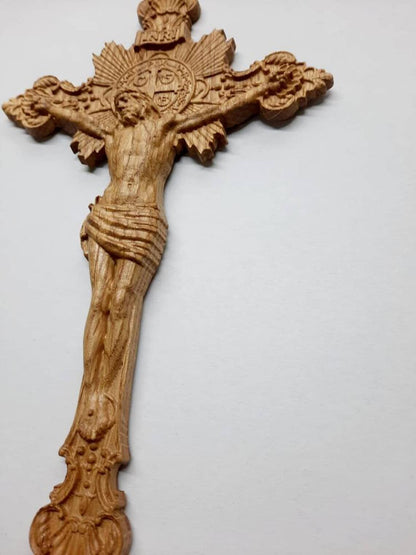 Wooden Wall Crucifix Natural Wood - Different colors - Any size - Christ Cross - Personalized Christian wooden carved Pediment - WoodArtSupply