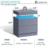 AMERLIFE High Gloss LED Nightstand Set of 2 with Charging Station, Modern Bedside Table Night Stand with LED Lights, Sofa End Side Tables with Drawers for Bedroom Living Room, Gray AMERLIFE