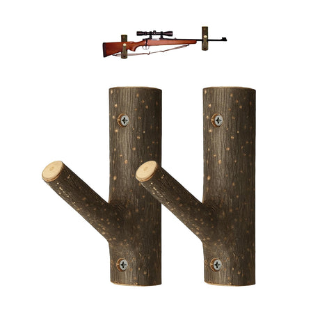 Gun Rack for Wall – Natural Wood Rustic Solid Hardwood Gun Rack, Wall Mount Gun Hanger & Rack for Rifle, Shotgun & Bow with 2 Hooks, Supports 40 lbs – Easy to Install, Includes Hardware (Small) WoodArtSupply