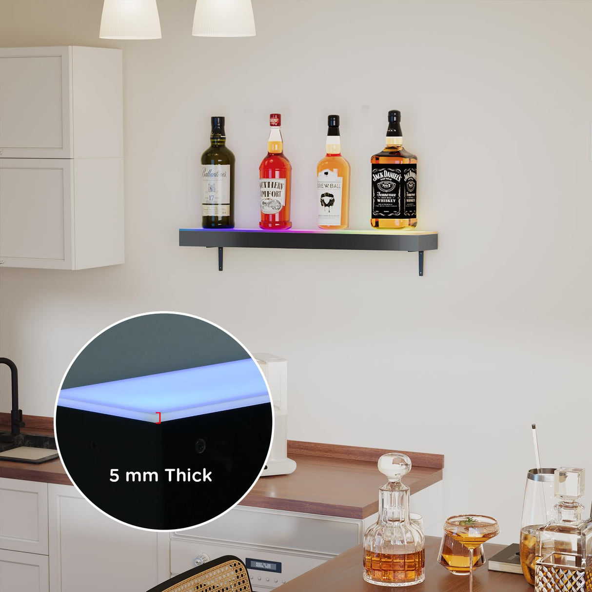 Dethan 1 Tier 24 Inch LED Lighted Liquor Bottle Display Shelf - Wine Racks with Multi-Color App & Wireless Remote Control, Adjustable Brightness & Sound Modes, Acrylic Bar Shelves for Home Bar Display Dethan