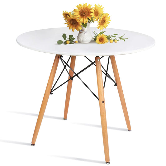 Round White Dining Kitchen Table Modern Leisure Table 31.5" with Wooden Legs for Office & Conference 2 to 4 People - WoodArtSupply