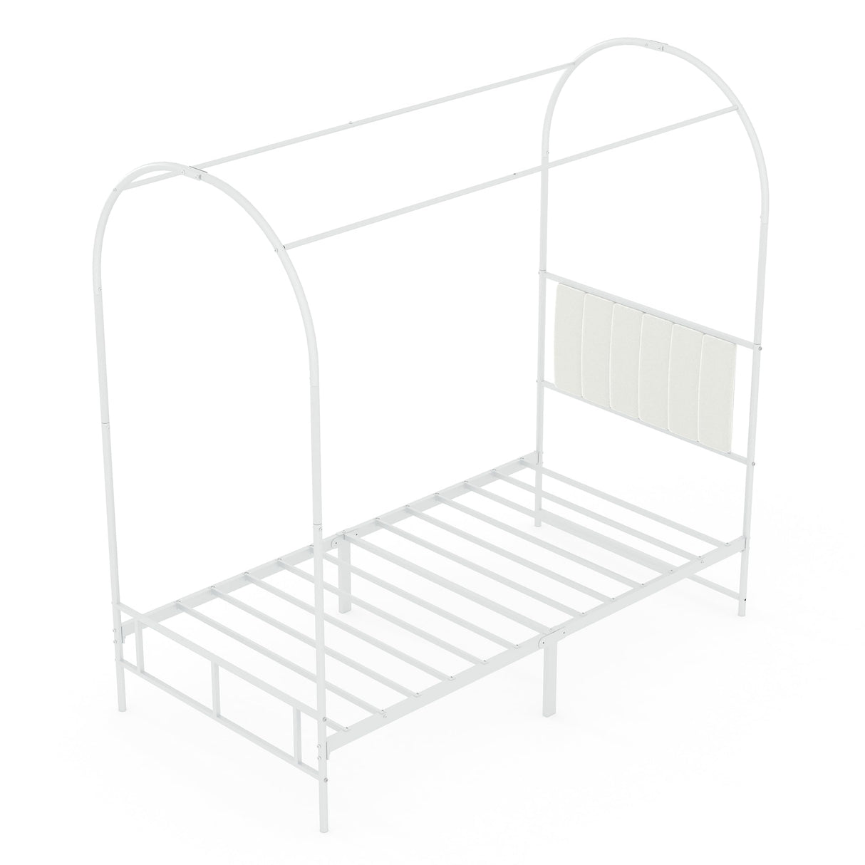 GAOMON Kids Canopy Bed Frame with Headboard & Footboard, Upholstered Twin Bed Frames with Arched Mosquito Net Poles, Sturdy Metal Slats, No Box Spring Needed, Easy Assembly, White GAOMON