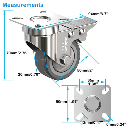 2" Caster Wheels Set of 4 Heavy Duty Plate Casters with Brake 2 inch Dual Locking Castors and No Noise TPR Rubber Wheel No Floor Marks Silent Castor Swivel for Furniture 4 Pack up 440Lbs, Free Screws