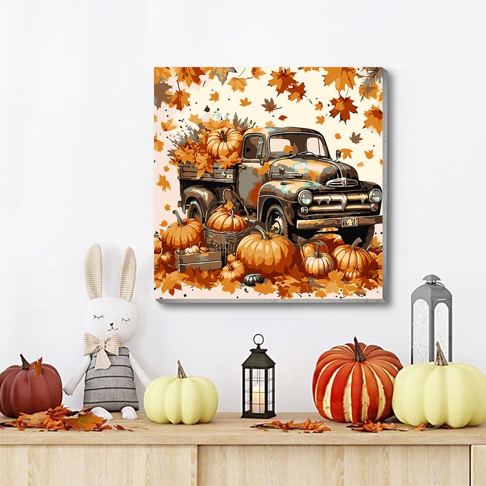 VIGEGU 4 Pack Thanksgiving Paint by Numbers Kit for Adults with Framed,Fall Pumpkin Paint by Number with Wooden Easel DIY Autumn Scarecrow Truck Adult Paint by Number Kits for Wall Decor 10x10in VIGEGU