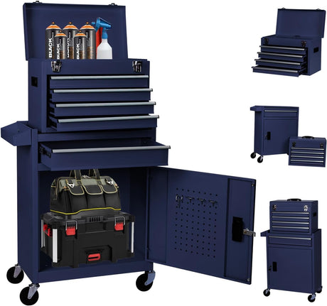 Gornoxblif 5-Drawers Blue Tool Chest, 2-in-1 Mechanic Rolling Tool Box Removable Lockable Tool Storage Cabinet, Metal Tool Cart with Drawers and Wheels for Garage, Workshop Gornoxblif