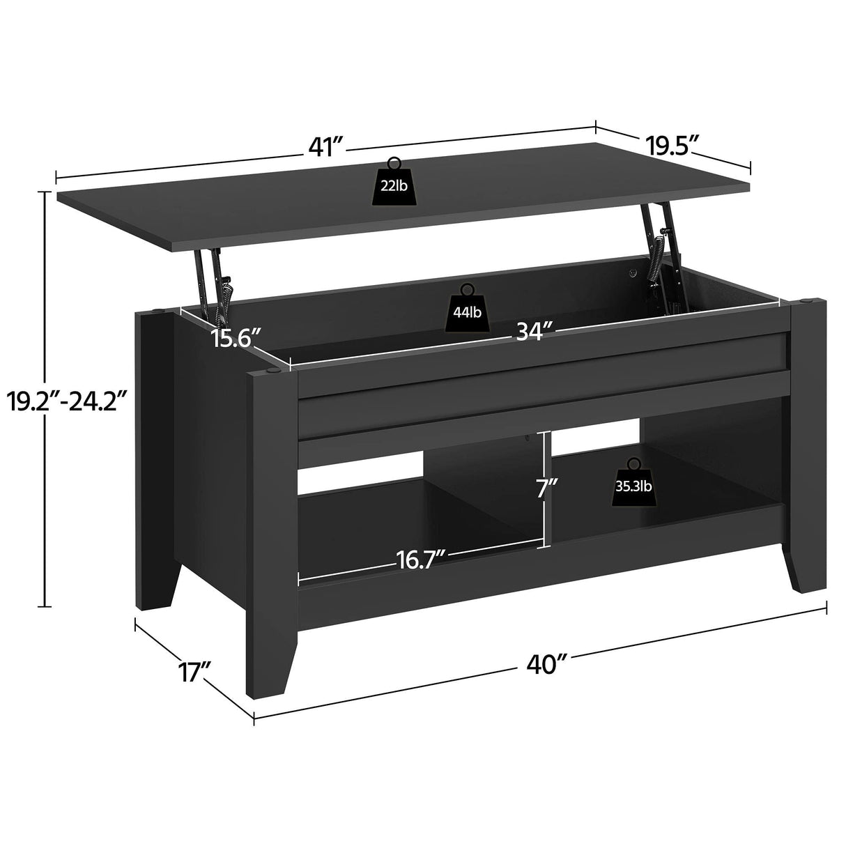 Yaheetech Black Wood Coffee Table Lift Up Coffee Table w/Hidden Storage & 2 Open Shelves for Living Room Reception Room Office, 41in L Yaheetech