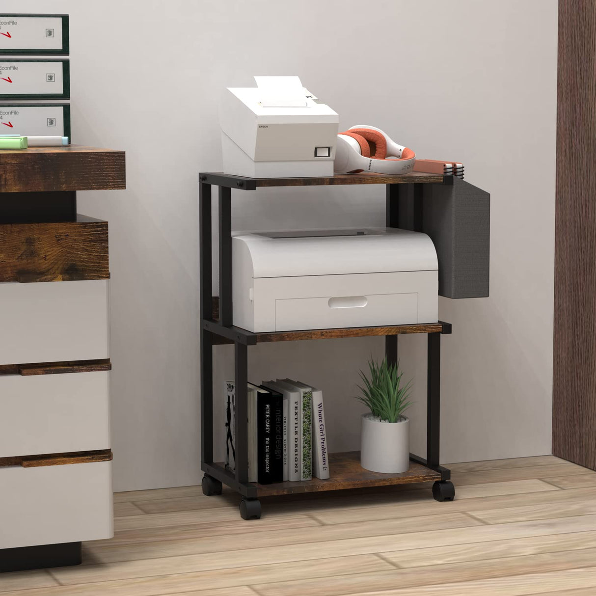 Ostreeful 3 Tier Printer Stand Rustic Brown Printer Mobile Wooden Printer Shelf Table Organizer for Home Office Kitchen Oastreeful