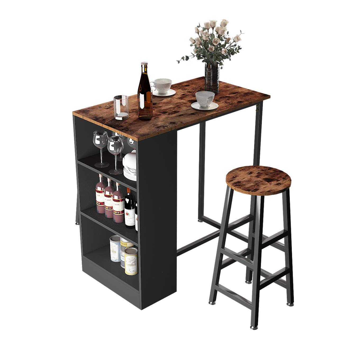 Sogesfurniture 3-Piece Brown Pub Bar Table Set with Stools and Storage Shelves