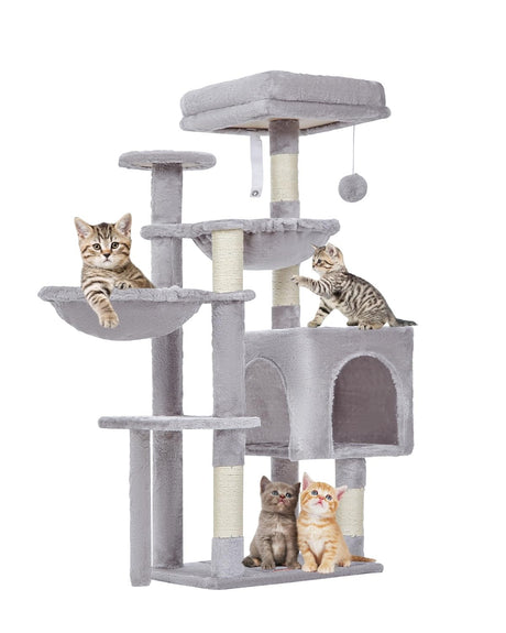 Taoqimiao Cat Tree, 39.4-Inch Cat Tower for Indoor Cats,Suitable for Kittens,Plush Cat Condo with 5 Scratching Posts, Plush Perch,2 Hammock,Pompoms, MS019W Light Gray Taoqimiao
