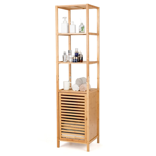 Giantex Bamboo Storage Cabinet, 4-Tier Slim Shelving Unit with Shutter Door & Anti-Toppling Device, Freestanding Tower Corner Rack Floor Cabinet for Bathroom, Living Room, Kitchen, Natural